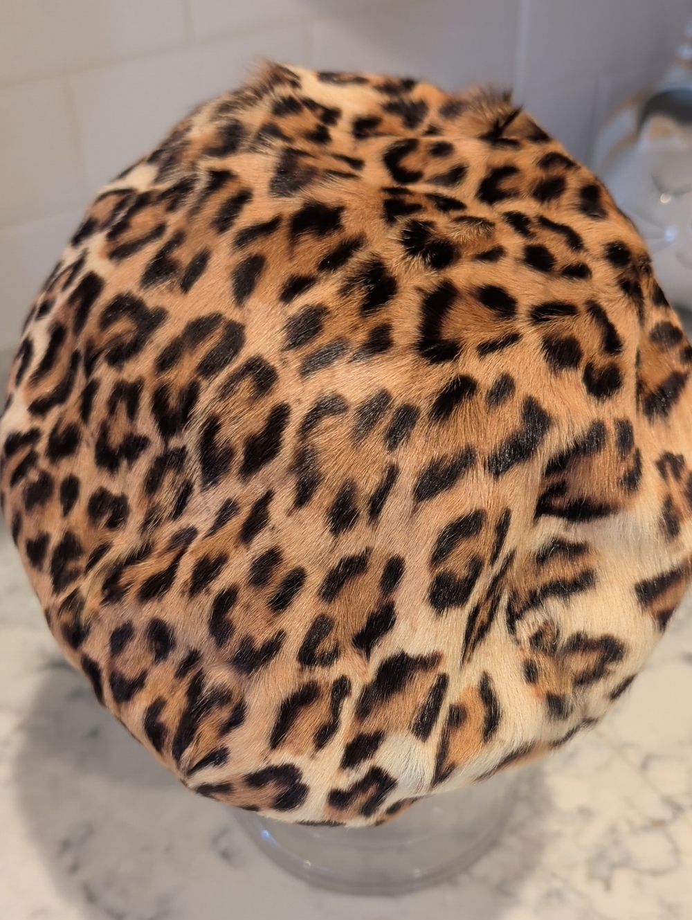 Vintage Real FurLeopard Print Beret - Tan and Black